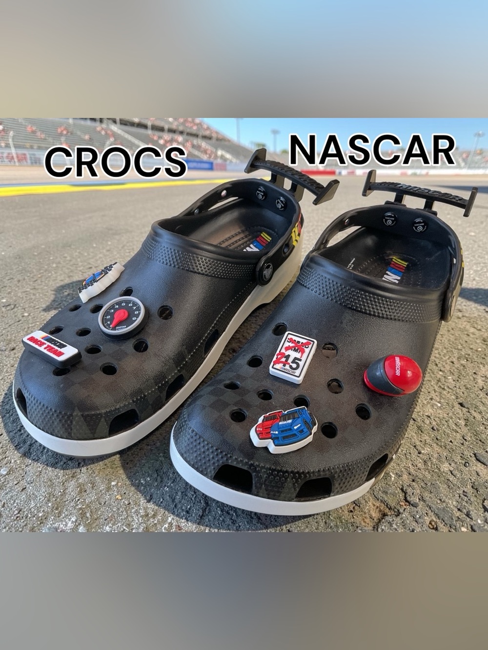 Crocs with NASCAR Jibbitz Charms, Mens Black Size 12, NEW!